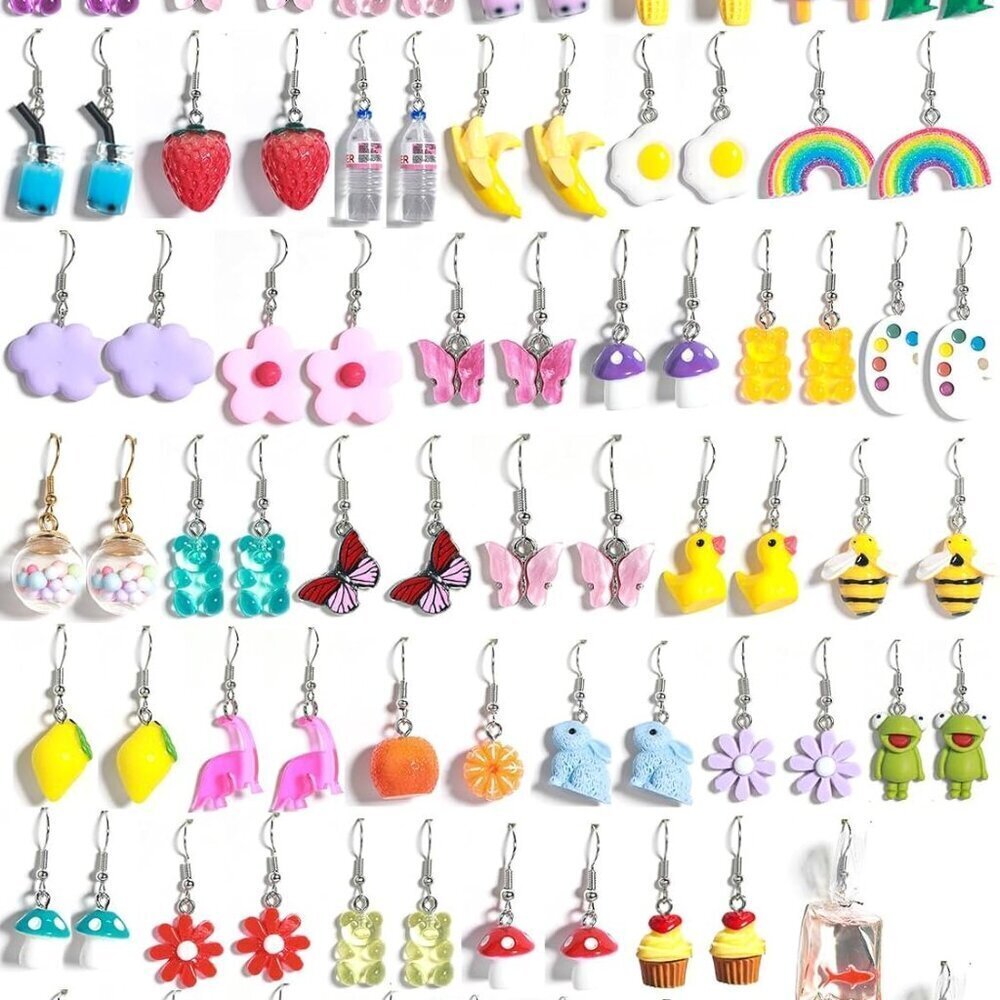 40 Pairs Cute Zinc Dangle Earrings for Women Teens Food Animal Weird Style